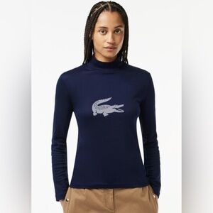 Lacoste Navy Blue Turtleneck 100% Lightweight shirt. Tonal crocodile at neck